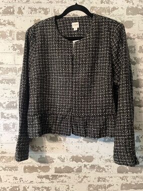J.Crew Black & White Tweed Peplum Jacket Blazer Size 14 collarless